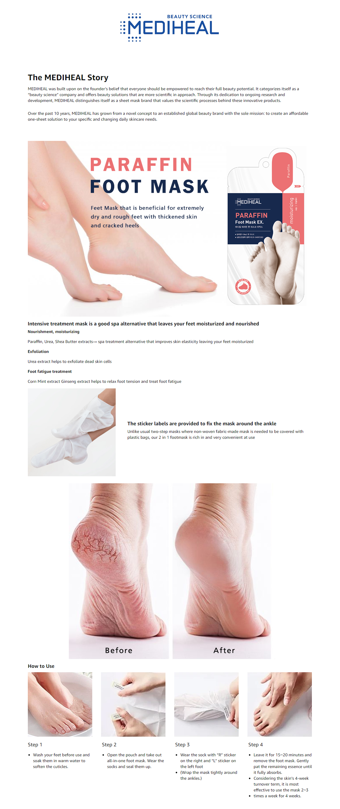 MEDIHEAL Paraffin Foot Mask EX - Μάσκα φροντίδας ποδιών για αντιμετώπιση της ξηρότητας και των σκασμένων φτέρνων