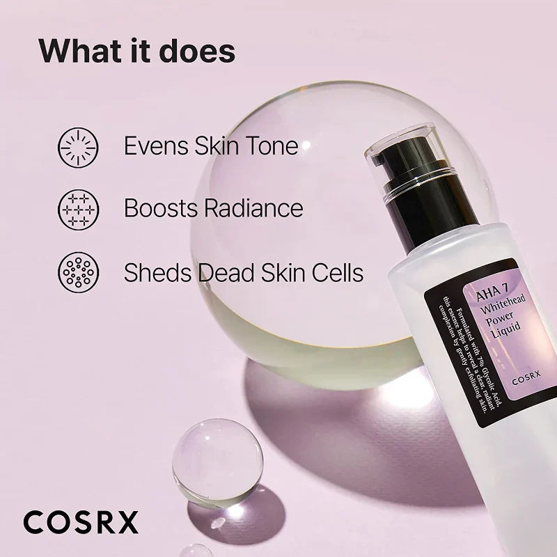COSRX AHA 7 Whitehead Power Liquid -  Απολεπιστικό τόνερ με γλυκολικό οξύ ειδικά σχεδιασμένο για  στίγματα και ανομοιόμορφη υφή.